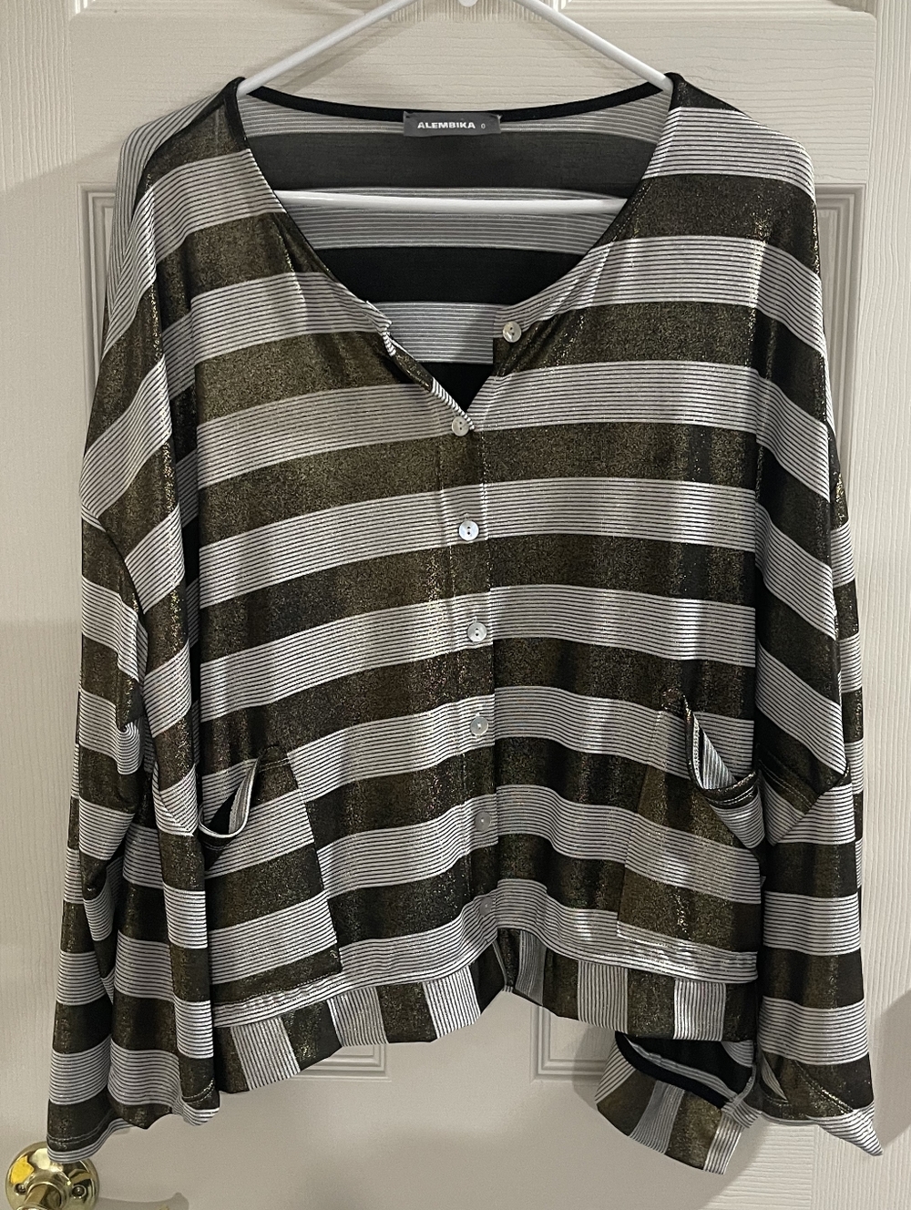 Alembika Womens Metallic‎ Silver Black Stripe Oversized Batwing Cardigan Size 0